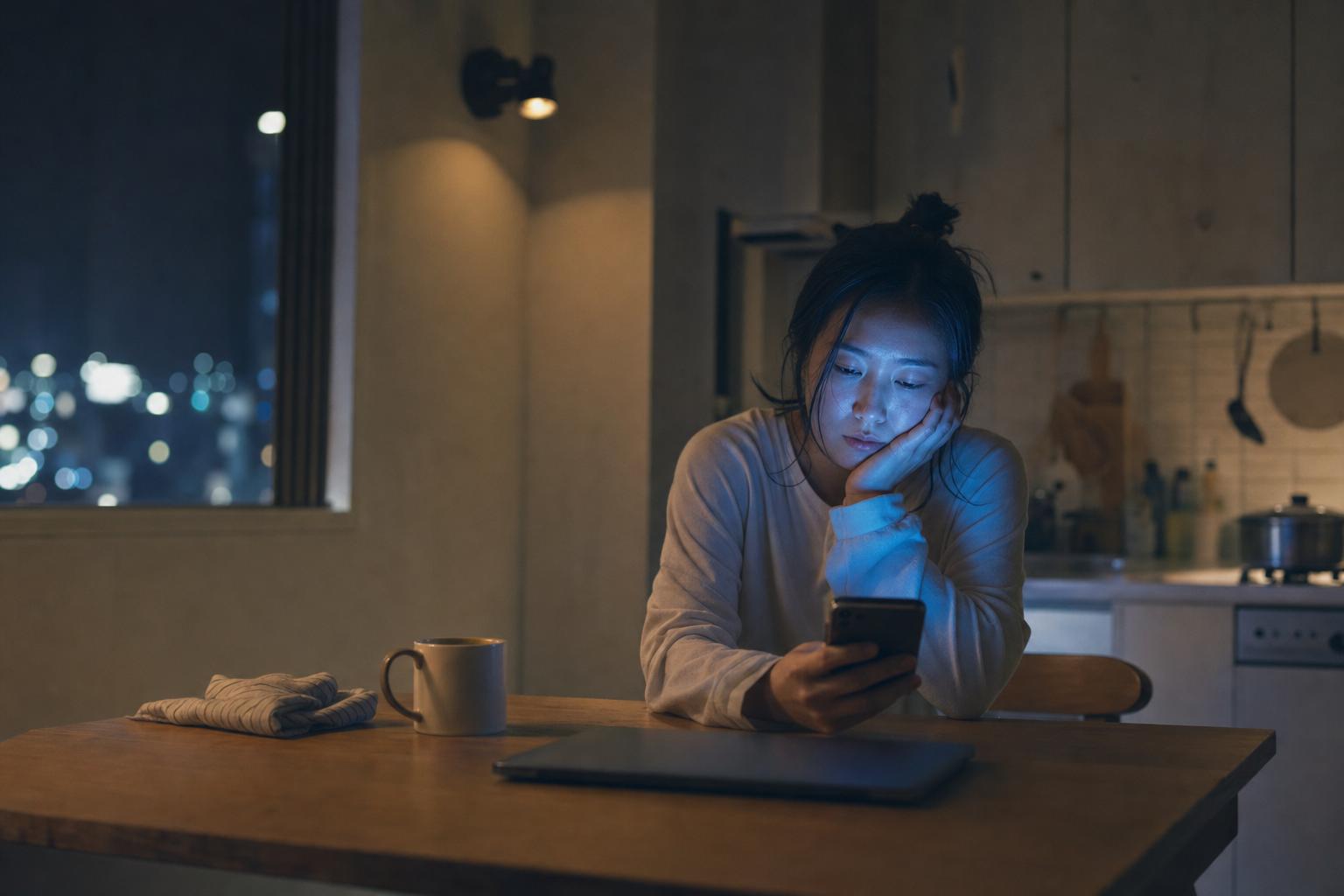 夜のキッチンでスマホを見つめる女性