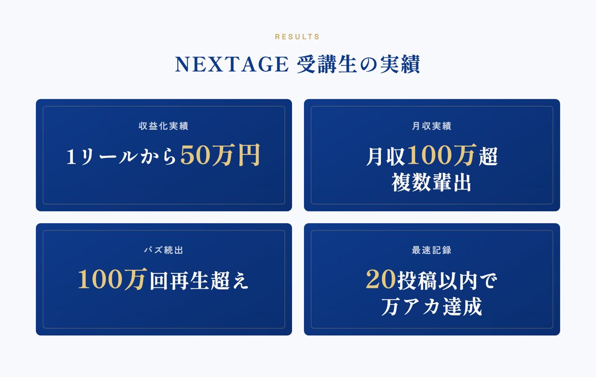 NEXTAGE受講生の実績:1リールから50万円収益化・月収100万超複数輩出・100万回再生超え・20投稿以内で万アカ達成